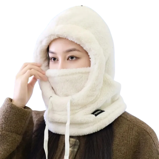 Fluffig varm balaclava med snöre huvudomfång 56–59 cm Vinterhuva av polyester Skydd för huvud, hals och ansikte mot kyla vit