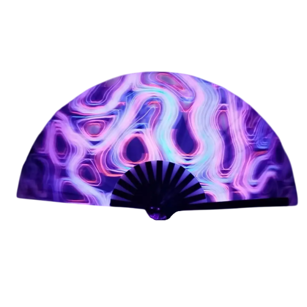 Fluorescerende foldbar vifte 33 cm stofvifte med bambuskonstruktion lilla mønster lysende festtilbehør dekorativ vifte 1