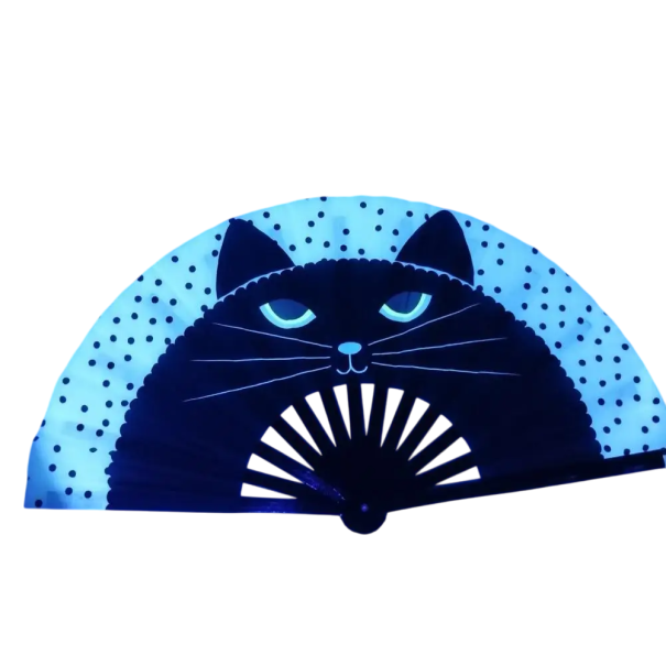 Fluoresoiva kokoontaitettava viuhka 33 cm kangas- ja bambuviuhka mustalla kissa-aiheella valaisevalla koristeella, pukuasuste, anime, goottilainen 1