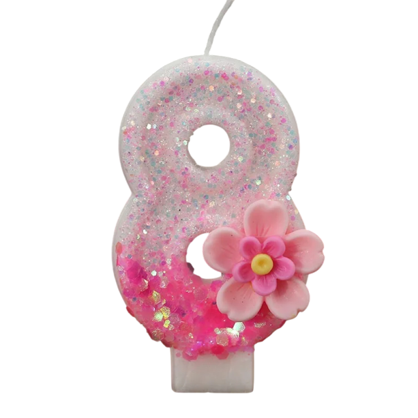 Födelsedagstårtsljus nummer 8 Rosa glittrande ljus med blommig dekoration Dekoration till födelsedagstårta festljus 1