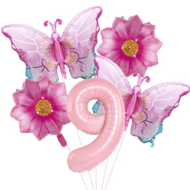 Foil Balloons Number 9 Butterflies and Flowers Set of 5 Foil Balloons Pink Decoration Birthday Decoration for Children's Party 1