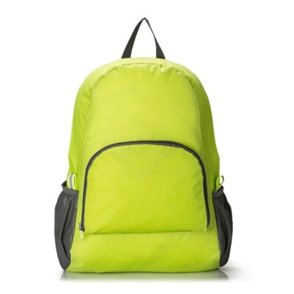 Foldable Nylon Travel Backpack Folds into a Small Package Zippered Front Pocket and Two Side Mesh Pockets Dimensions 30.5 x 16 x 42 cm light green