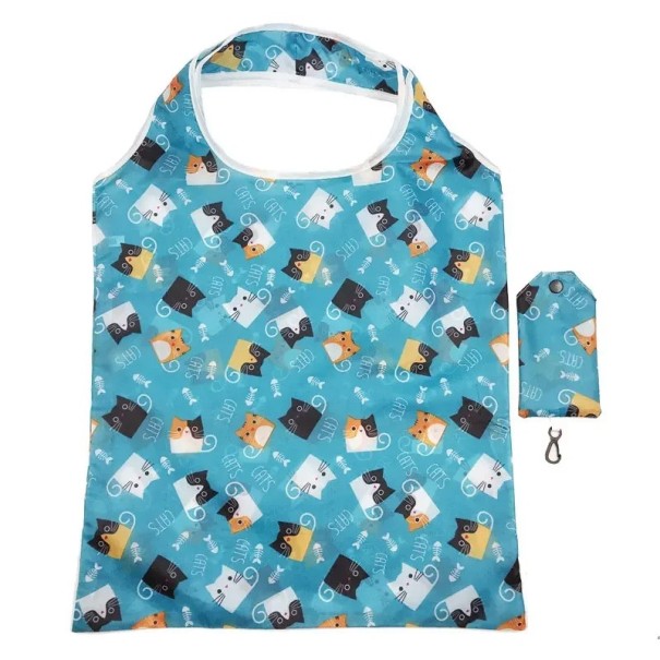 Foldable Shopping Bag 38 x 40 cm Blue Bag with Cat Print Compact Pocket Bag 7.5 x 12.5 cm Nylon Bag with Strap 1