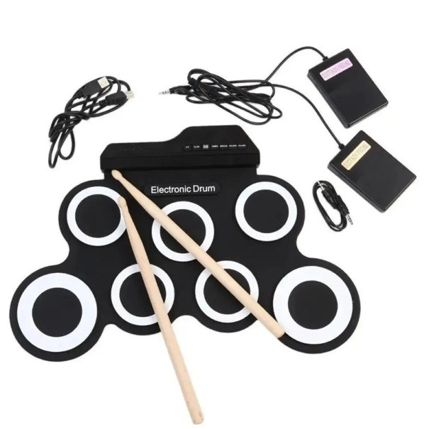Foldable Silicone USB Electronic Drum Kit 2022 Portable Roll-Up Practice Set with Pedals and Sticks Power Supply Various Colours 43x28x2.7 cm white