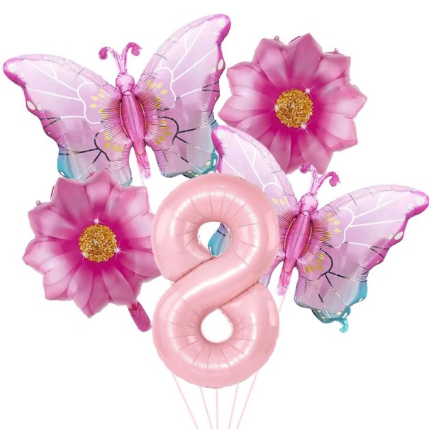 Fóliás lufik 8-as szám pillangók és virágok 5 db-os fóliás lufi szett rózsaszín születésnapi dekoráció gyermekzsúrokhoz és díszítéshez 1