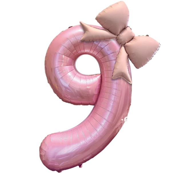 Fóliás szám 9 lufi 117 × 69 cm Rózsaszín születésnapi lufi masnival 55 × 43 cm Nagy dekoráció születésnapra parti díszítés 1