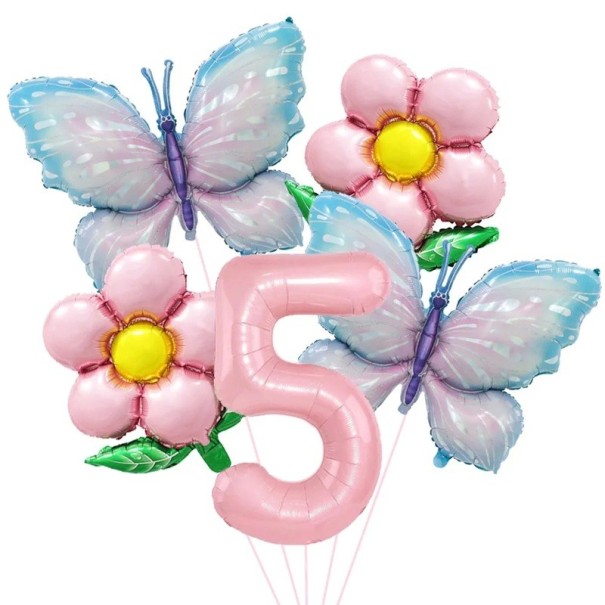 Folieballonnen nummer 5 met vlinders en bloemen 81,3 cm en 45,7 cm Folieballonnen roze blauw verjaardagsdecoratie voor een feest 1
