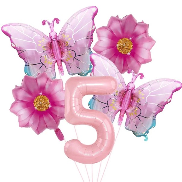 Foliëballonnen nummer 5 vlinders en bloemen set 5 stuks foliëballonnen roze verjaardag decoratie voor feest en feestelijke versiering 1