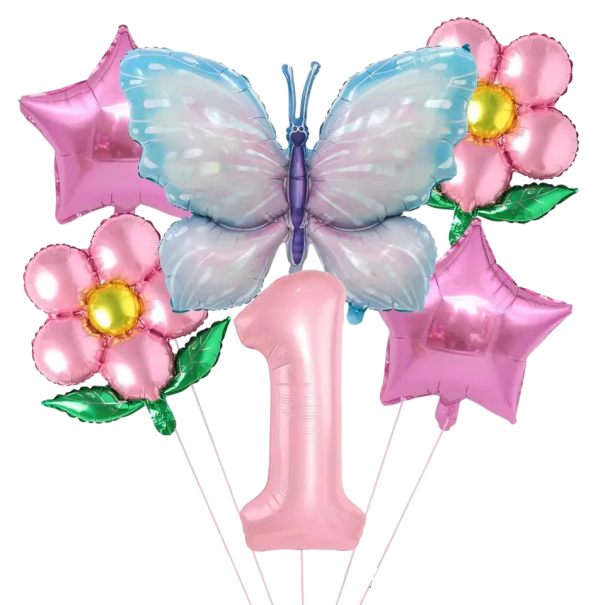 Folienballons Nummer 1 mit Schmetterling, Sternen und Blumen 81,3 cm und 45,7 cm Folienballons rosa blau Geburtstagsdekoration 1