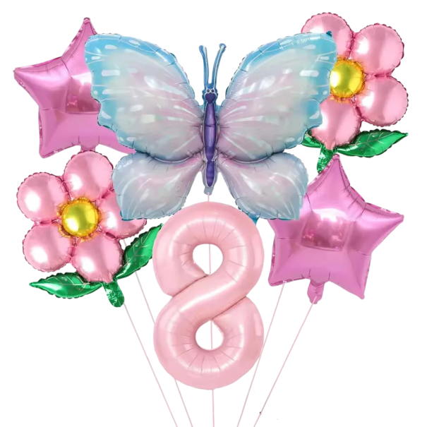 Folienballons Nummer 8 mit Schmetterling, Sternen und Blumen 81,3 cm und 45,7 cm Folienballons rosa blau Geburtstagsdekoration 1