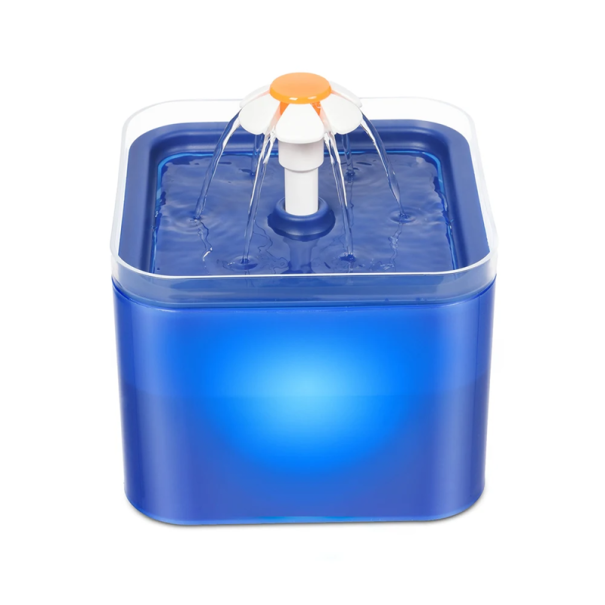 Fontaine automatique de 2l pour chats avec lumière LED alimentation USB filtration à 4 niveaux 3 modes de flux fonctionnement silencieux indicateur de niveau d'eau bleu