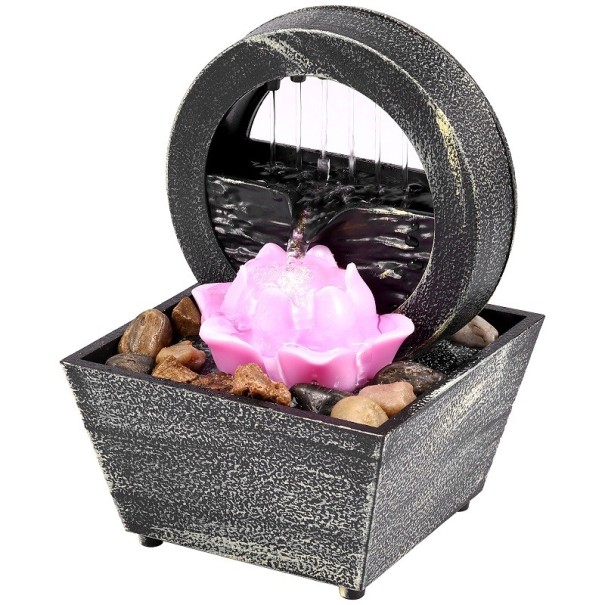 Fontana decorativa da interno Fontana d'acqua da camera con fiore di loto rosa Decorazione luminosa con acqua che scorre alimentata tramite USB o 2 batterie AA 17 x 11,5 x 11,5 cm 1