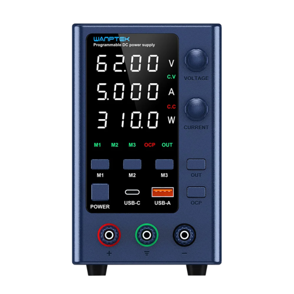 Fonte de alimentação azul 62V 5A 310W Fonte de corrente contínua de laboratório com display LED USB-C USB-A Regulação de tensão Memória M1 M2 M3 1