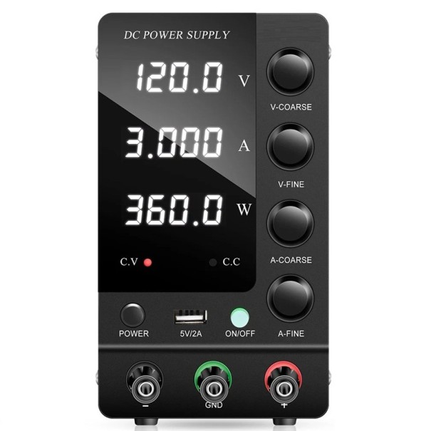 Fonte de alimentação de laboratório 360W 120V 3A Fonte de corrente contínua Regulador de tensão ajustável Ecrã LED USB-A Proteção contra curto-circuito Plugue EU 1