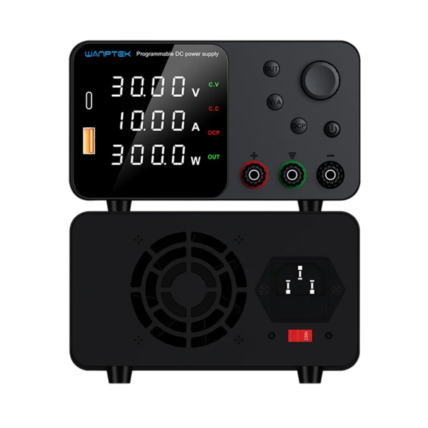 Fonte de alimentação de laboratório preta horizontal 30V 10A 300W Fonte de alimentação DC com display LED USB-C USB-A Regulação de tensão Memória M1 M2 M3 Proteção 1