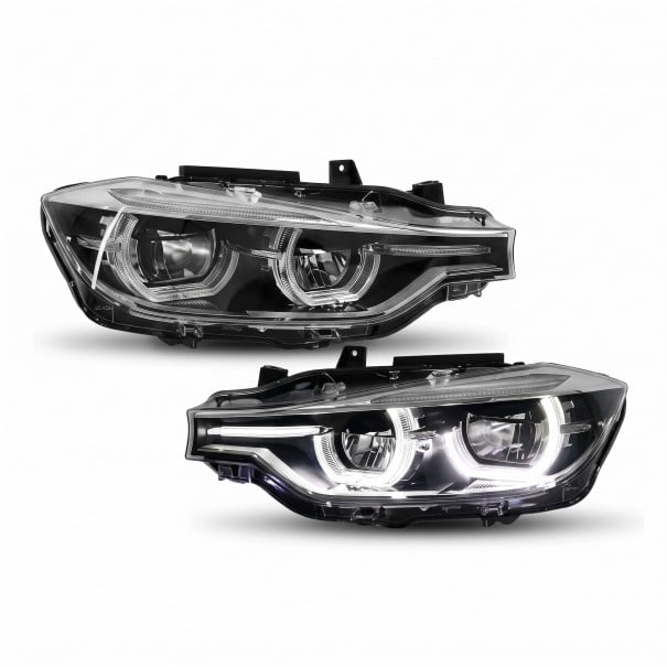 Foran LED forlygter til BMW 3-serie F30 med dagkørelys Angel Eyes, 2 stk, fuld LED, sorte, til biler med originale xenon 2012–2019 1