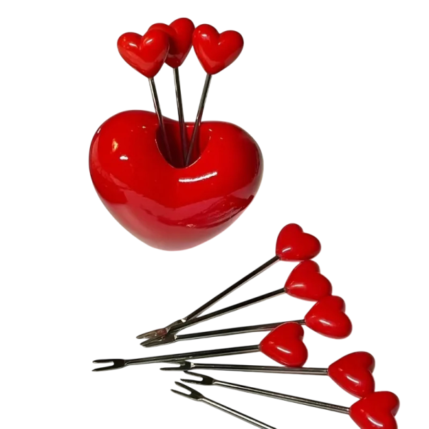 Forchette da frutta 10 pz 9 cm in acciaio inossidabile Forchette rosse con supporto a forma di cuore Forchette da dessert per torta frutta e snack 1