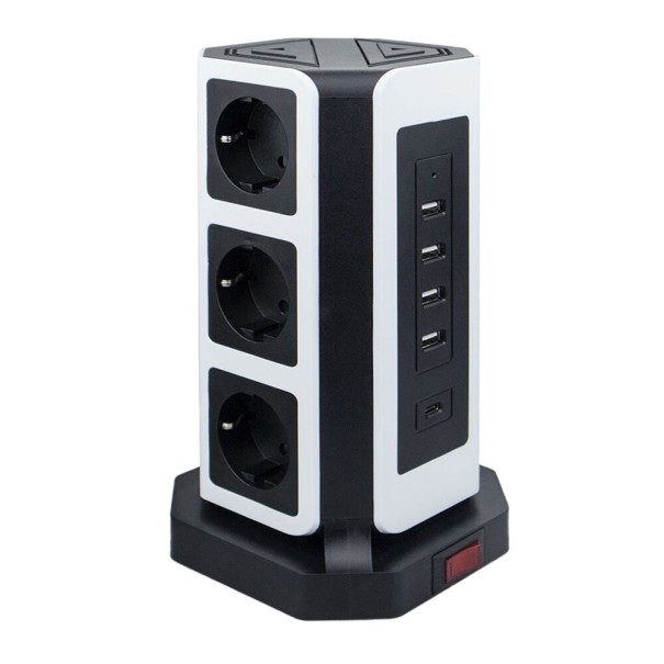 Forlængerledning 9x stikkontakt, 4x USB, 1x USB-C 2 m hvid