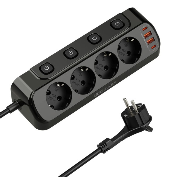 Forlængerledning EU med kontakter 2× stik 2×USB-A 2×USB-C kabel 3 m PC+ABS overspændingsbeskyttelse 900 J 4000 W til husholdningen sort