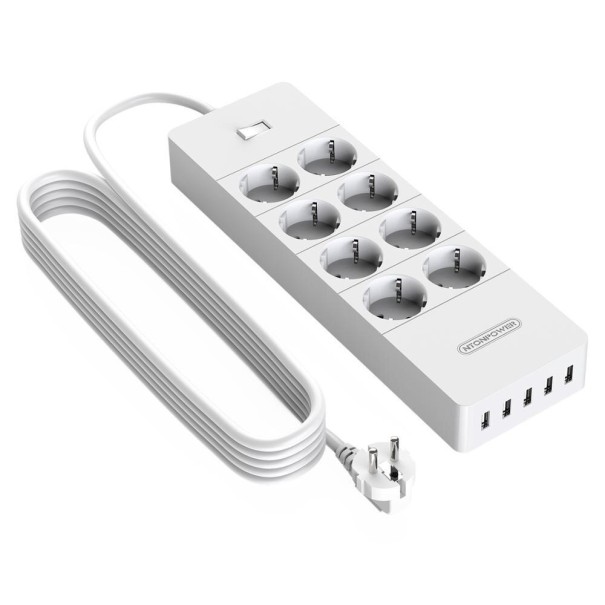 Förlängningssladd med strömbrytare 8x uttag, 5x USB vit 3 m