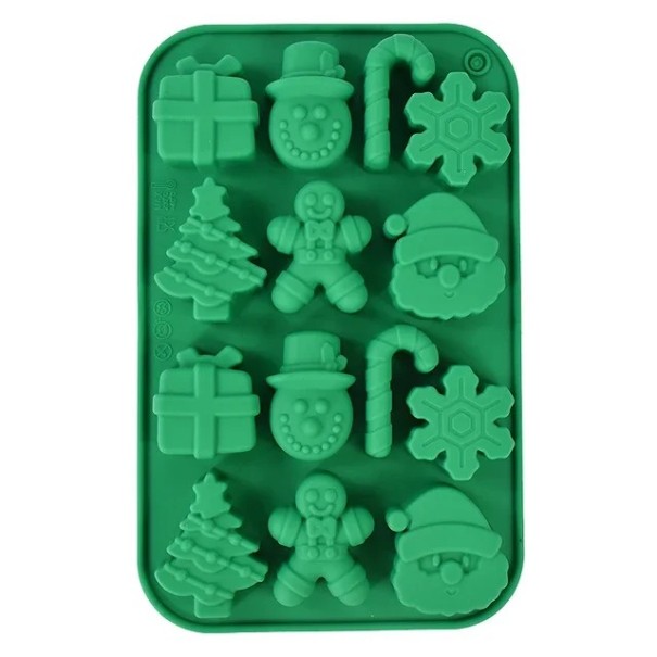 Forma de silicone para chocolate de Natal 20,3 × 13 cm 7 formas Forma reutilizável em silicone ecológico para bombons, gelo e confeção verde