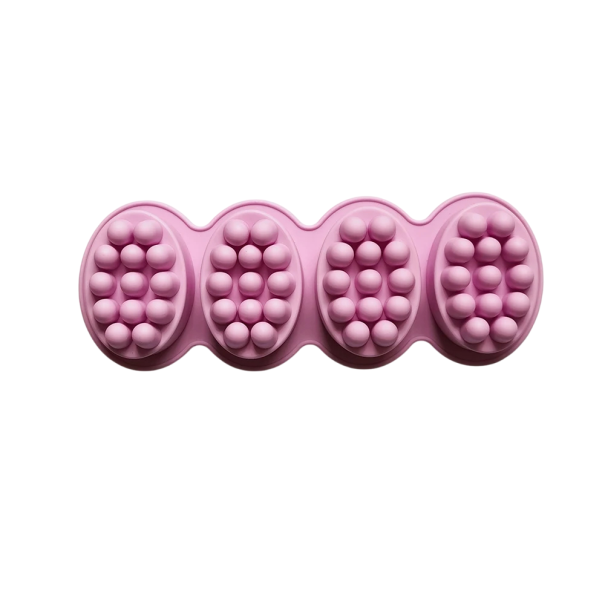 Formă din silicon pentru turnarea săpunului și lumânărilor Ovală de masaj 4 compartimente 28,6 x 10,7 x 4,3 cm roz sau verde violet
