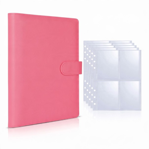 Fotoalbum für Fotokarten 25 Wechselblätter mit 4 Taschen 23,3 x 18 cm PU-Leder Verschluss mit Riemen Rosa Für Fotos 7,6 cm und Karten dunkelrosa