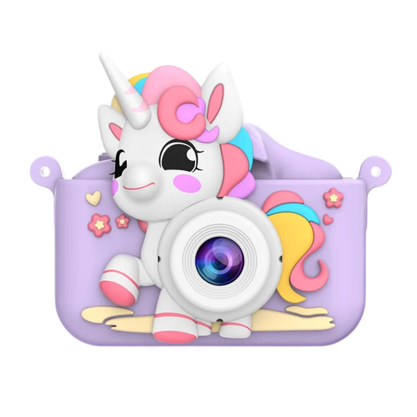 Fotocamera per bambini 18 MP 2,0″ display 1080P HD obiettivo duale 8x zoom digitale custodia in silicone unicorno per bambini viola