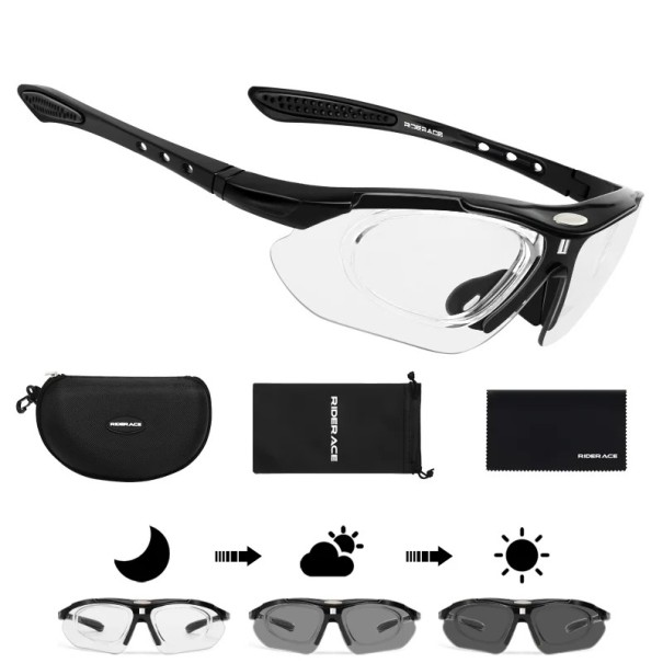 Fotochromatische Sportbrille 140 mm 32 g PC-Gläser Polarisiert selbsttönend Fahrradbrille zum Radfahren Laufen Fahren schwarz