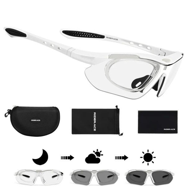 Fotochromatische Sportbrille 140 mm 32 g PC-Gläser Polarisiert selbsttönend Fahrradbrille zum Radfahren Laufen Fahren weiß