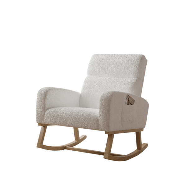 Fotoliu balansoar cu husă pufoasă și buzunar lateral, dimensiuni 69 x 78,5 x 87 cm, picioare din lemn, culoare albă, pentru living și dormitor