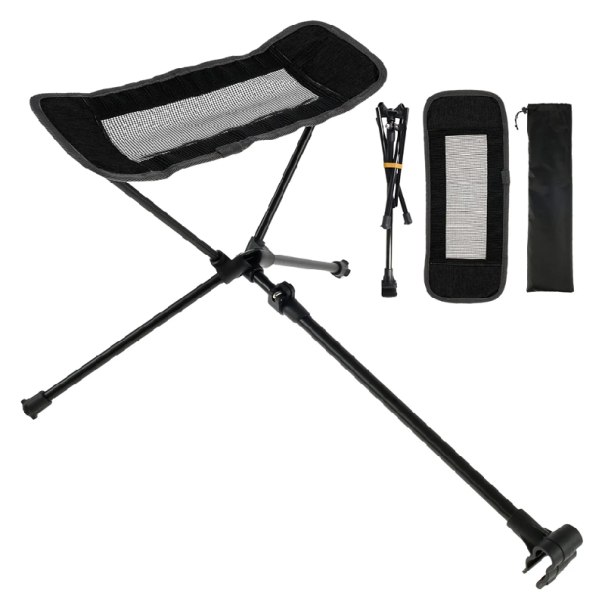 Fotstöd till campingstol 37,5 x 15 cm Fällbart fotstöd 55 x 12 cm Justerbart 40–70 cm Höjd 32 cm Vikt 400 g svart