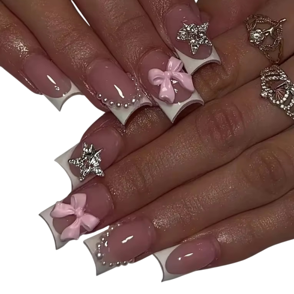 Franse Sterren Fijnheid 24 stuks Vierkante Acrylnagels Compleet Tips 12 Maten Strikjes Parels en Steentjes 1