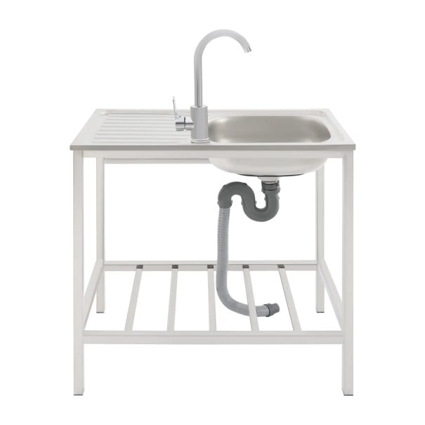 Freistehendes Küchenspülbecken mit Untergestell und drehbarer Armatur 75 x 40 x 75 cm in Silber mit Abtropffläche und unterer Ablagefläche