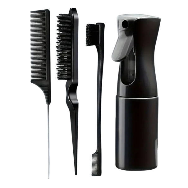 Friseur-Werkzeug-Set, 4-teilig, Wassersprüher, Schwanzkamm, Toupierbürste, Kantentrimmen, Haarglättung, Kämmen schwarz