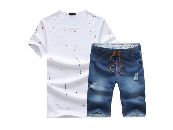 Fritidsset för män - T-shirt och mörkblå shorts J2236 vit M