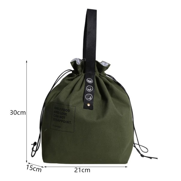 Frokosttaske i oxford 21x15x30 cm Stoftaske til mad til skole, arbejde eller picnic med snoretræk og fast håndtag grøn