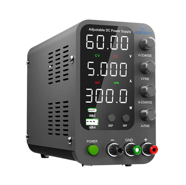Fuente de alimentación de laboratorio de 300 W, 60 V, 5 A, enchufe UE, pantalla LED, USB-A, USB-C, 20 W, codificador OCP OPN, salida ajustable, cables 1