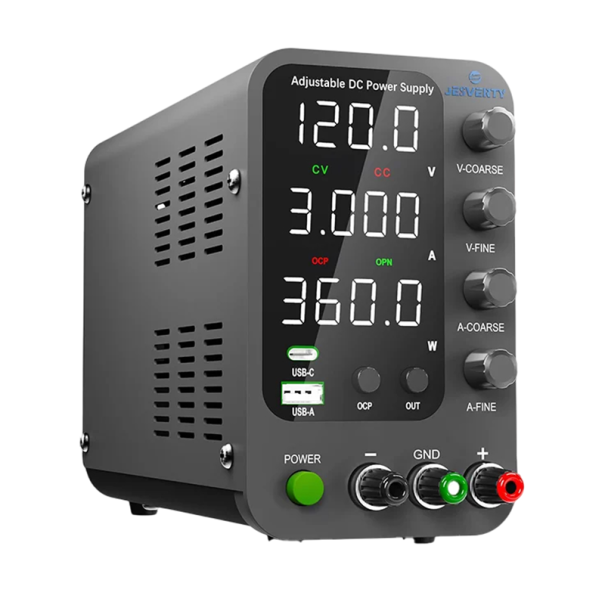 Fuente de alimentación de laboratorio de 360 W, 120 V, 3 A, enchufe UE, codificador de pantalla LED, USB-A, USB-C, 20 W, botón de encendido/apagado 1