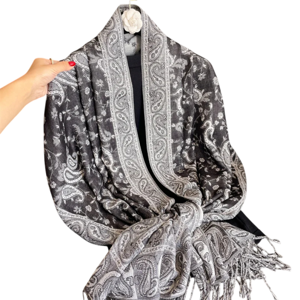 Fular hidžab din pashmina cu ciucuri și model oriental 70x180 cm din poliester pentru purtare zilnică argint