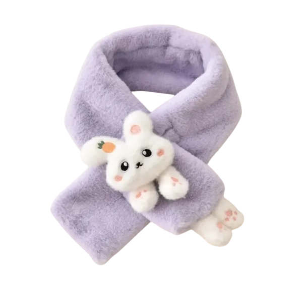 Fular pentru copii 60–80 cm cu iepuraș 3D drăgălaș și lăbuțe Accesoriu moale și călduros din poliester Fular de iarnă confortabil pentru băieți și fete cu un motiv vesel de animal violet