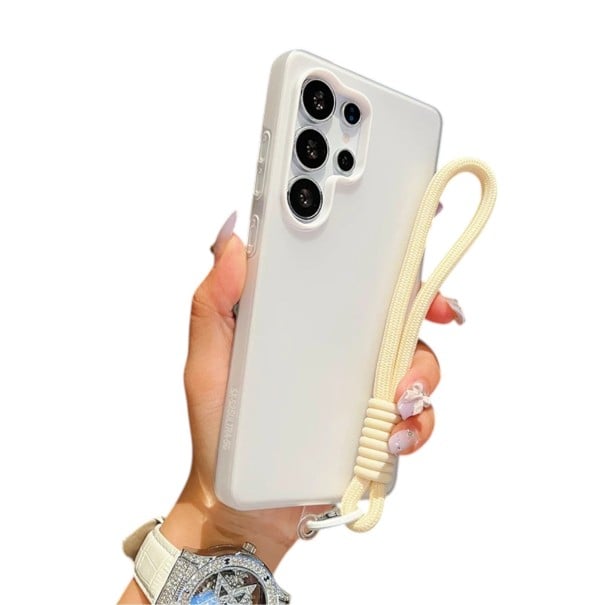 Funda 2 en 1 para teléfono Samsung Galaxy S24 con correa para la muñeca Funda de silicona con efecto gel Funda para móvil con cuerda para la mano blanco