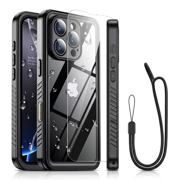 Funda a prueba de golpes para iPhone 15 Pro impermeable con protección IP68 transparente con marco negro, lados estriados y correa para la muñeca 1