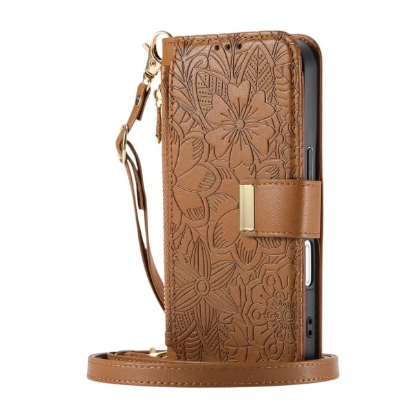 Funda billetera para Samsung Galaxy S24+ con correa cruzada y lazo para la muñeca Funda tipo flip con ranuras para tarjetas y bolsillo marrón