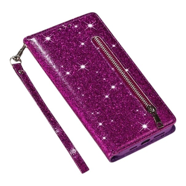 Funda brillante tipo libro para Samsung Galaxy A56 Resistente Bolsa con cremallera Bolsillos para tarjetas Correa para la muñeca Función morado