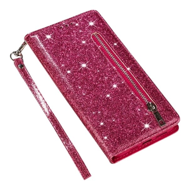 Funda con brillo para Samsung Galaxy A17 Resistente Con bolsillo con cremallera Bolsillos para tarjetas Correa para la muñeca Función rosa