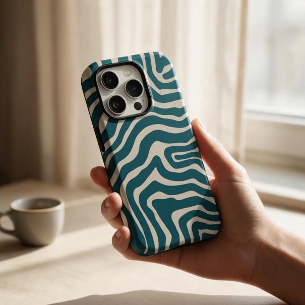Funda de dos capas para iPhone 16e Patrón de rayas onduladas Verde petróleo y crema Resistente a caídas y arañazos Para el día a día 1