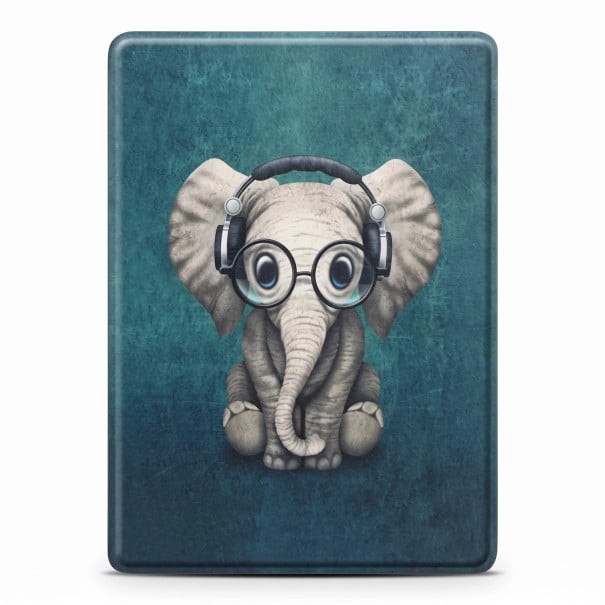 Funda de flip de petróleo de 6 pulgadas para Kindle 10.ª generación 2019 con un lindo elefante con gafas y auriculares con correa y protector 1