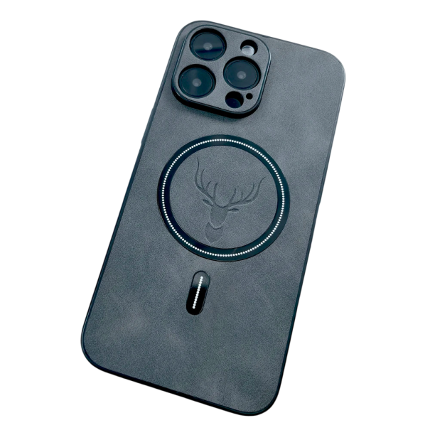 Funda de piel sintética de lujo para iPhone 13 Pro Max con motivo de ciervo, compatible con carga inalámbrica, protección elegante con un diseño elegante gris