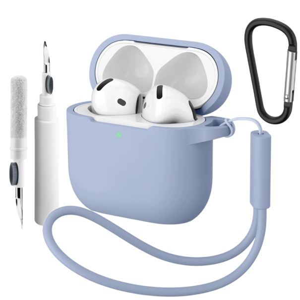 Funda de silicona completa para Apple AirPods 4 con mosquetón, bolígrafo de limpieza y correa de mano, funda protectora azul claro